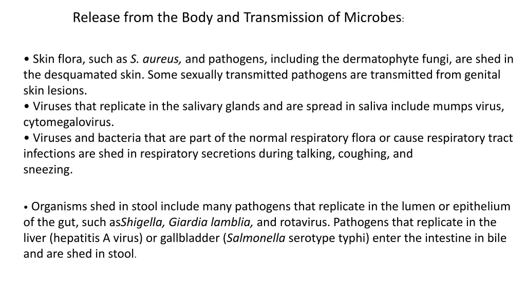 release from the body and transmission of microbes