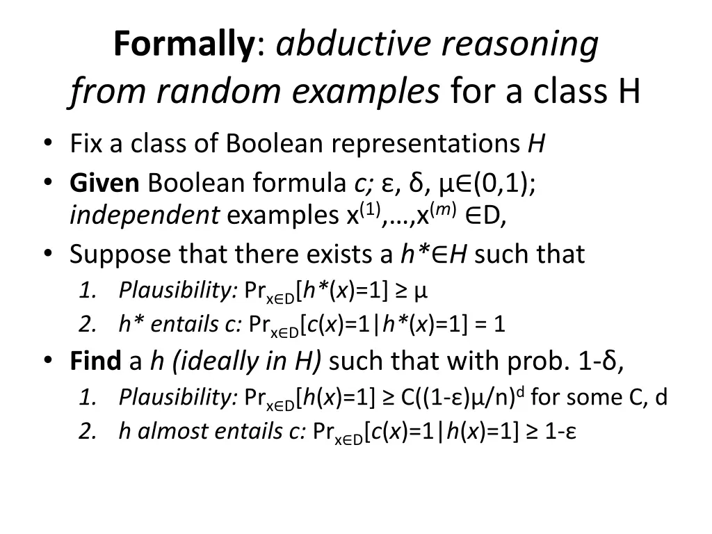 formally abductive reasoning from random examples