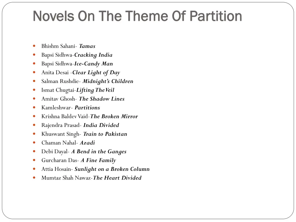 novels on the theme of partition novels