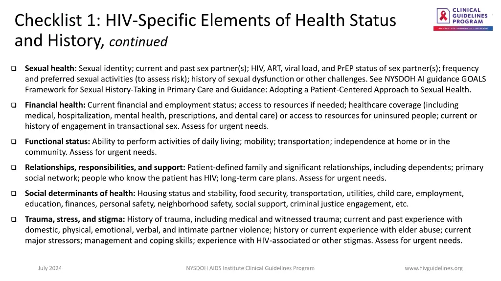 checklist 1 hiv specific elements of health 2