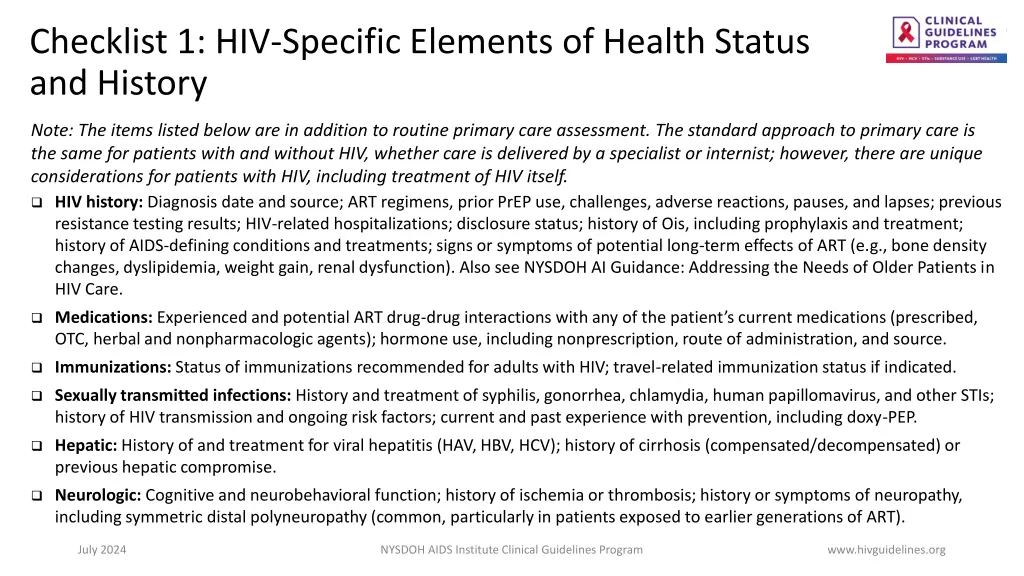 checklist 1 hiv specific elements of health