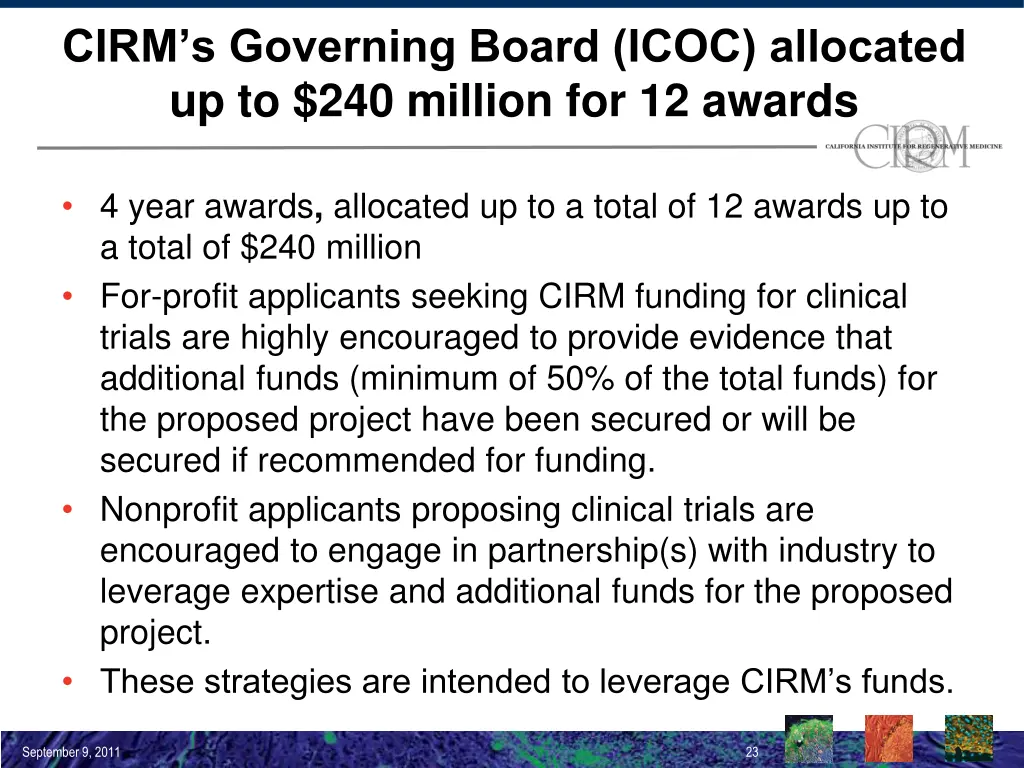 cirm s governing board icoc allocated