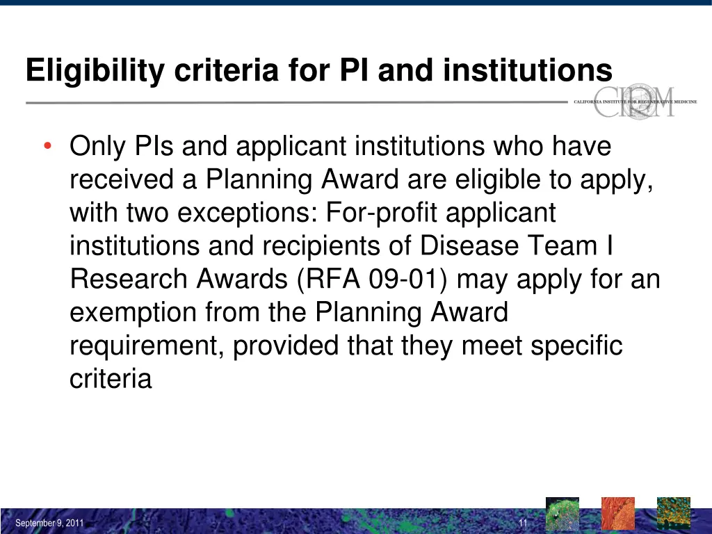 eligibility criteria for pi and institutions