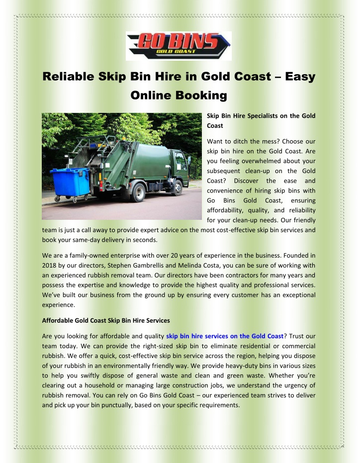 reliable skip bin hire in gold coast easy online