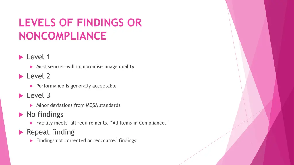 levels of findings or noncompliance
