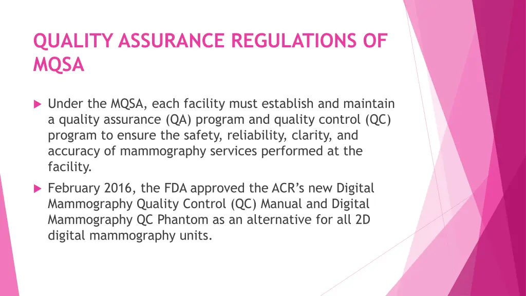 quality assurance regulations of mqsa