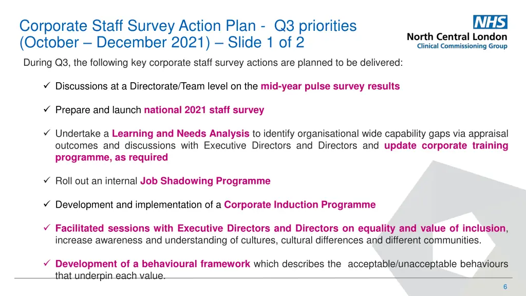corporate staff survey action plan q3 priorities