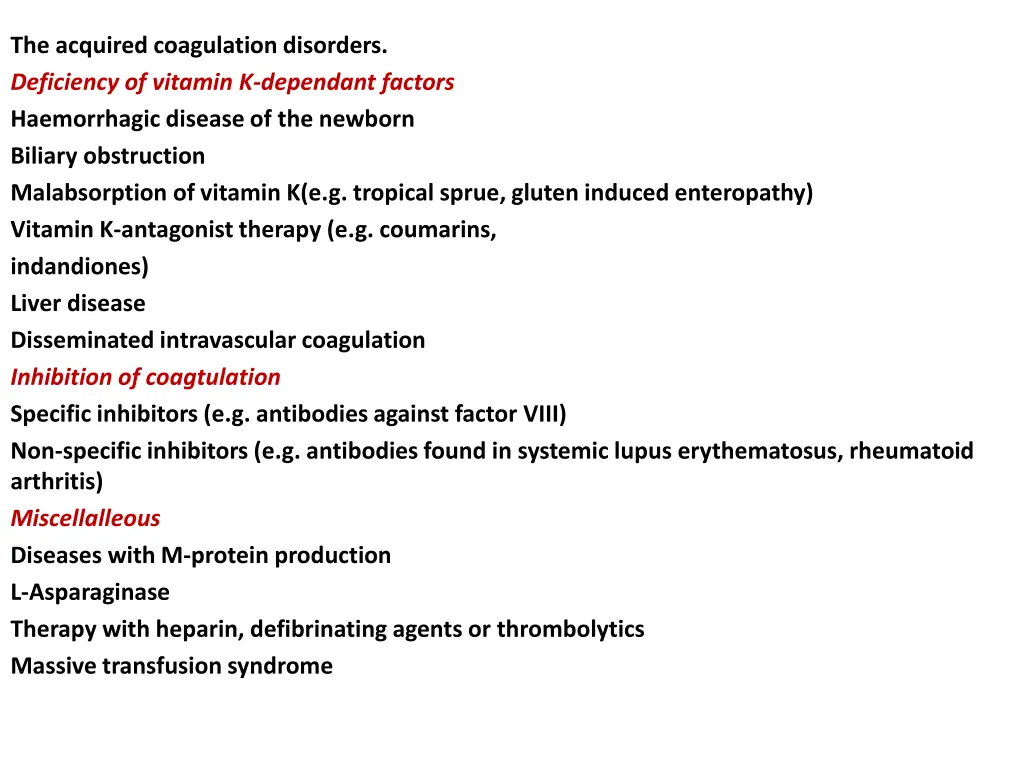 the acquired coagulation disorders deficiency