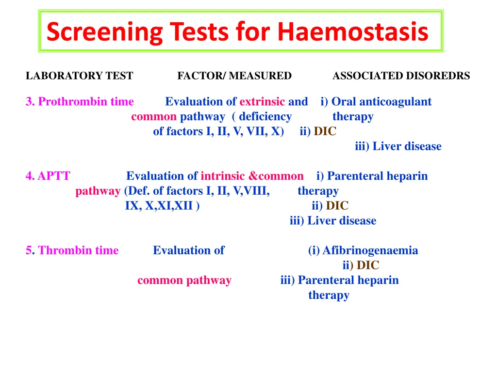 screening tests for haemostasis