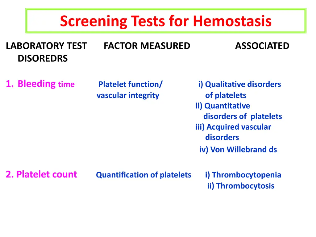 screening tests for hemostasis