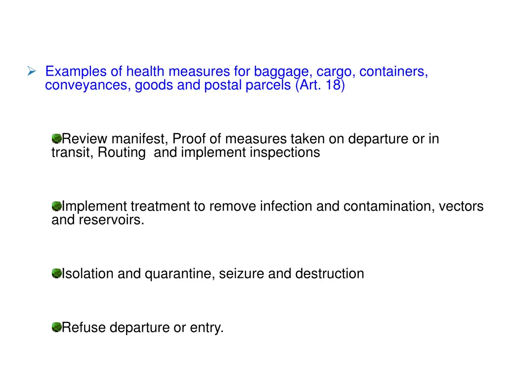 examples of health measures for baggage cargo