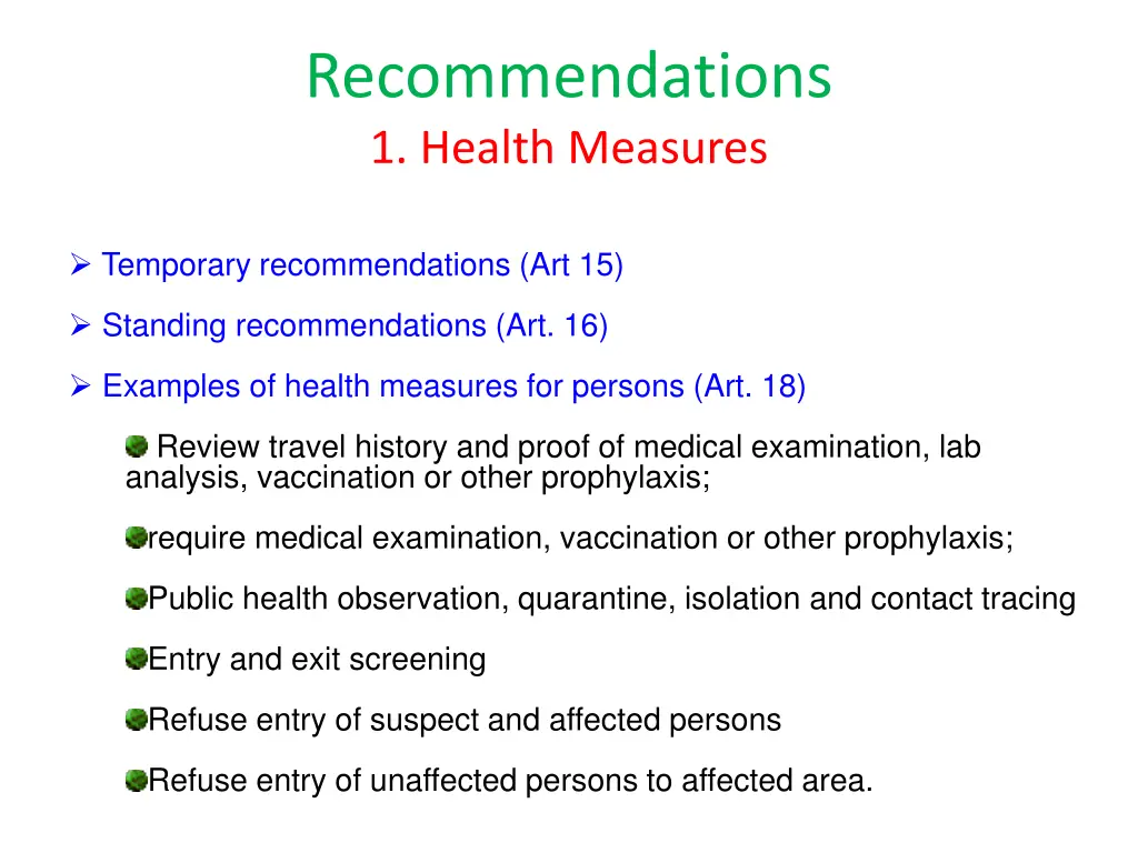 recommendations 1 health measures