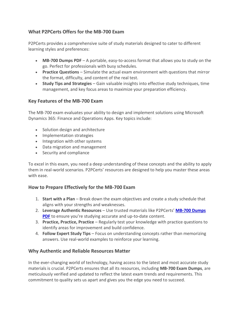 what p2pcerts offers for the mb 700 exam