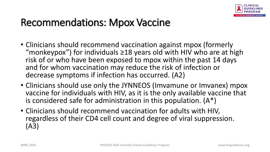 recommendations recommendations mpox