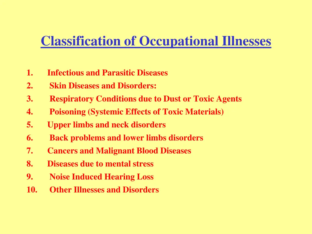 classification of occupational illnesses