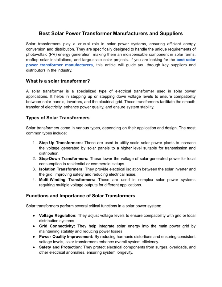 best solar power transformer manufacturers