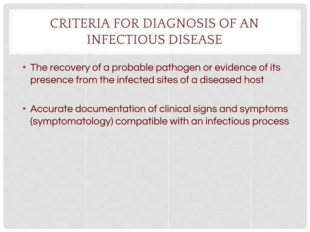 criteria for diagnosis of an infectious disease