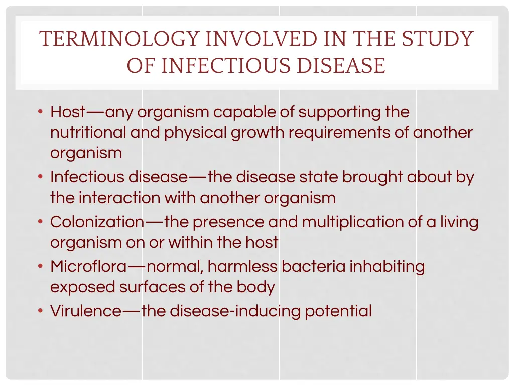 terminology involved in the study of infectious