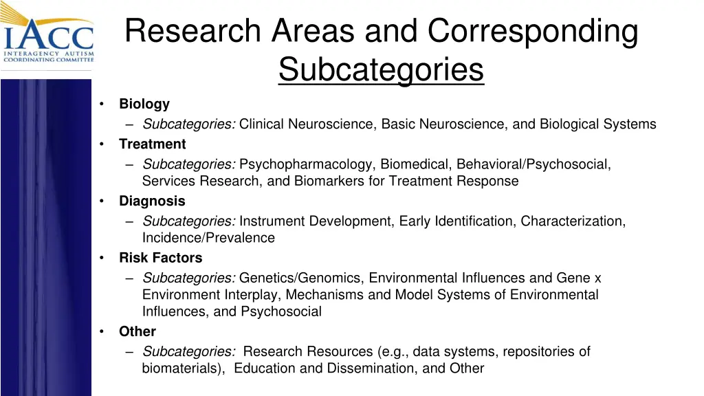 research areas and corresponding subcategories