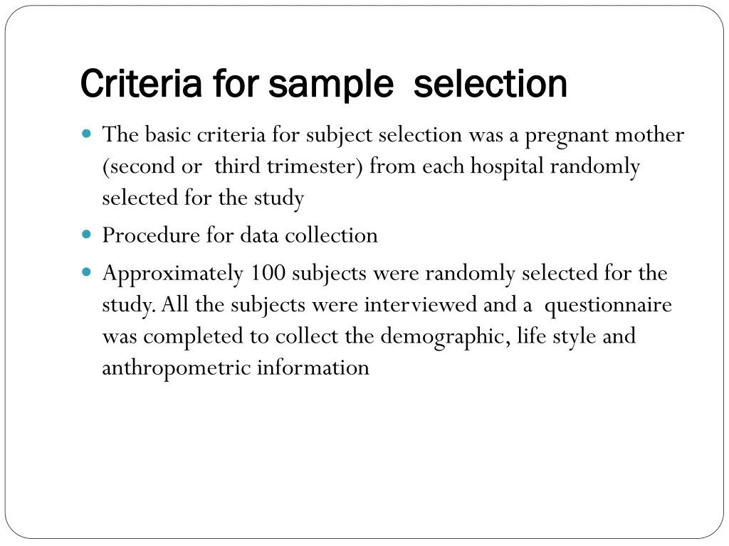 criteria for sample selection criteria for sample