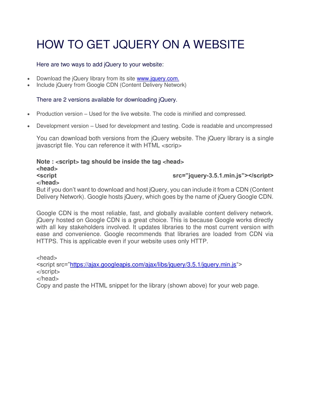 how to get jquery on a website