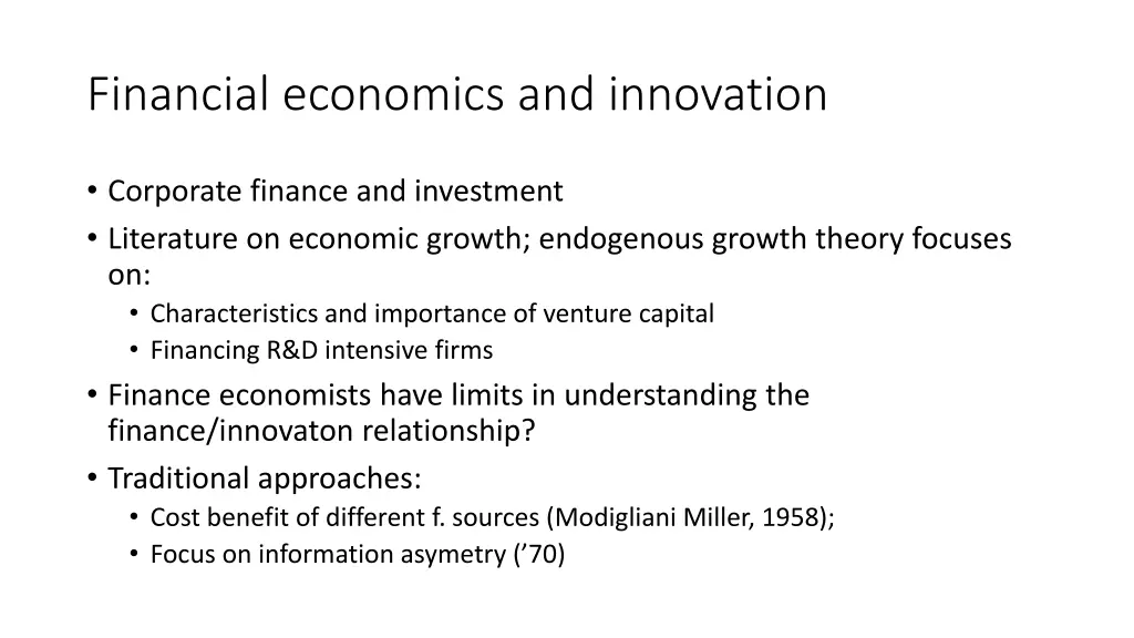 financial economics and innovation