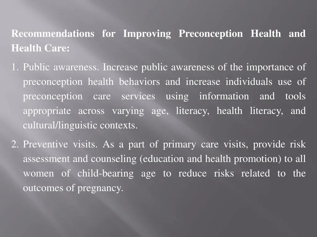 recommendations for improving preconception