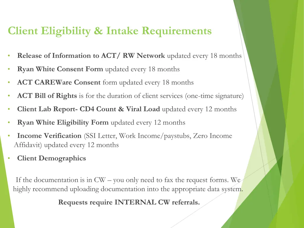 client eligibility intake requirements