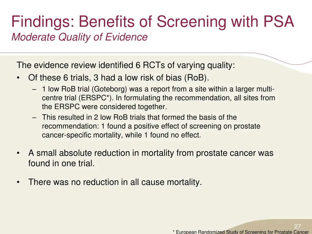findings benefits of screening with psa moderate