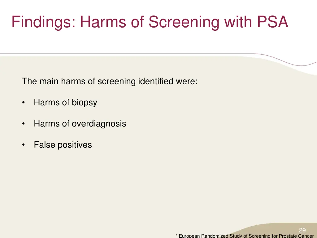 findings harms of screening with psa