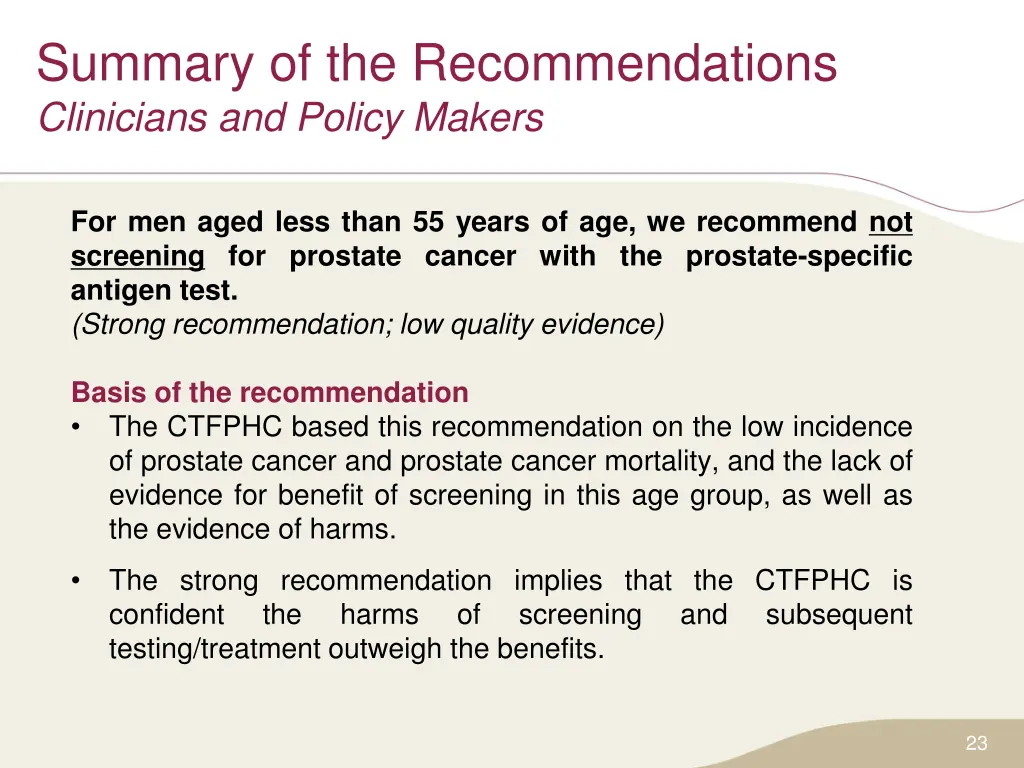 summary of the recommendations clinicians