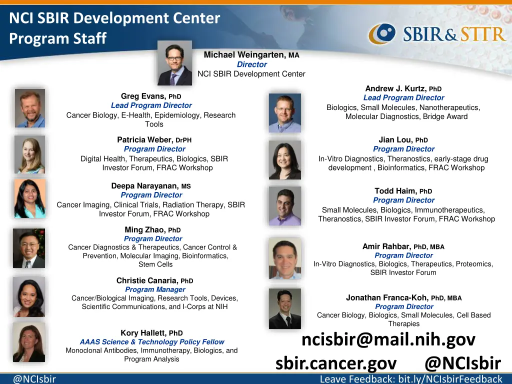 nci sbir development center program staff