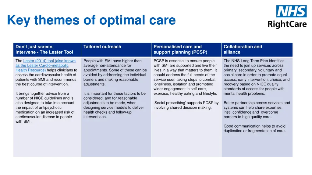 key themes of optimal care