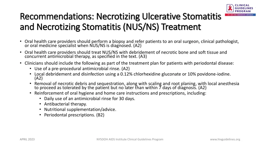 recommendations necrotizing ulcerative stomatitis