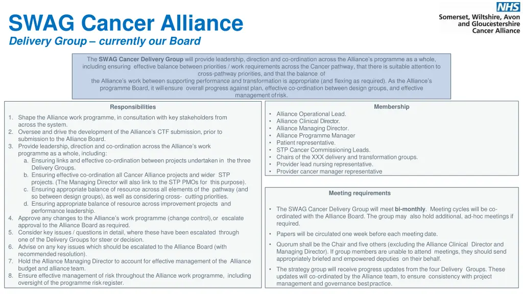 swag cancer alliance delivery group currently