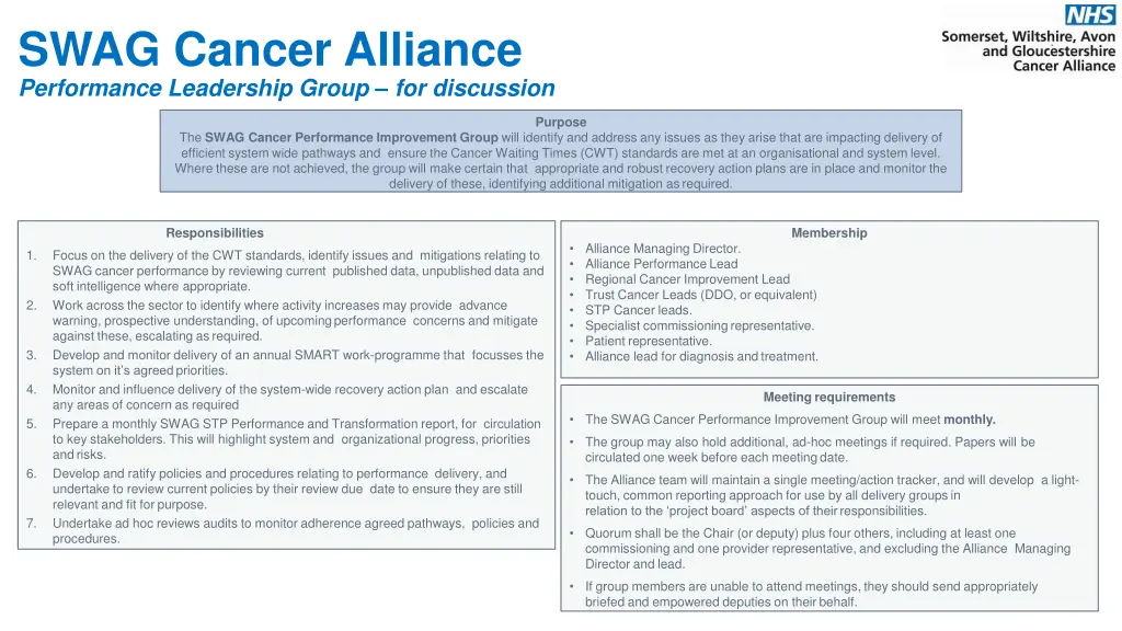swag cancer alliance performance leadership group