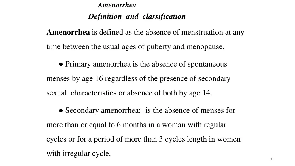 amenorrhea definition and classification