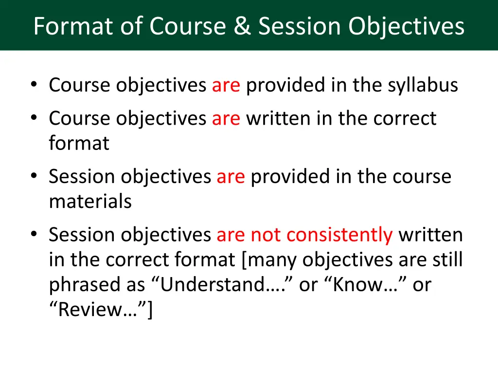 format of course session objectives