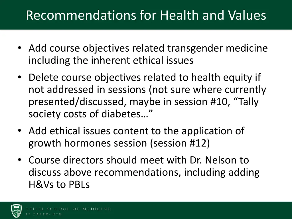 recommendations for health and values