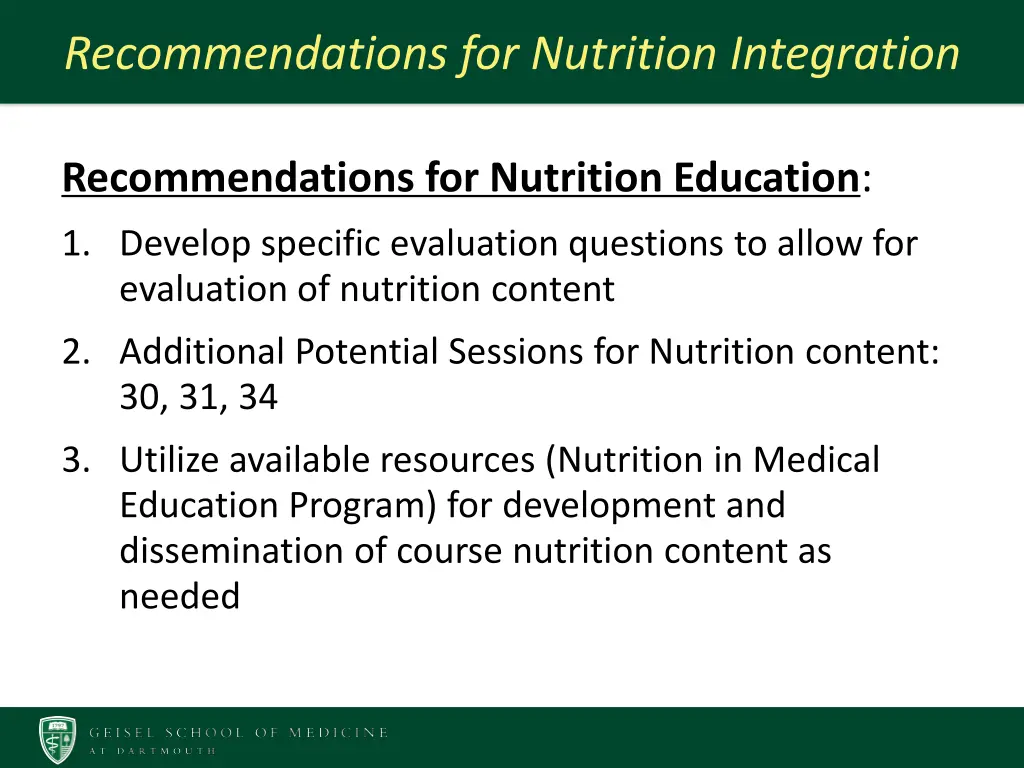 recommendations for nutrition integration