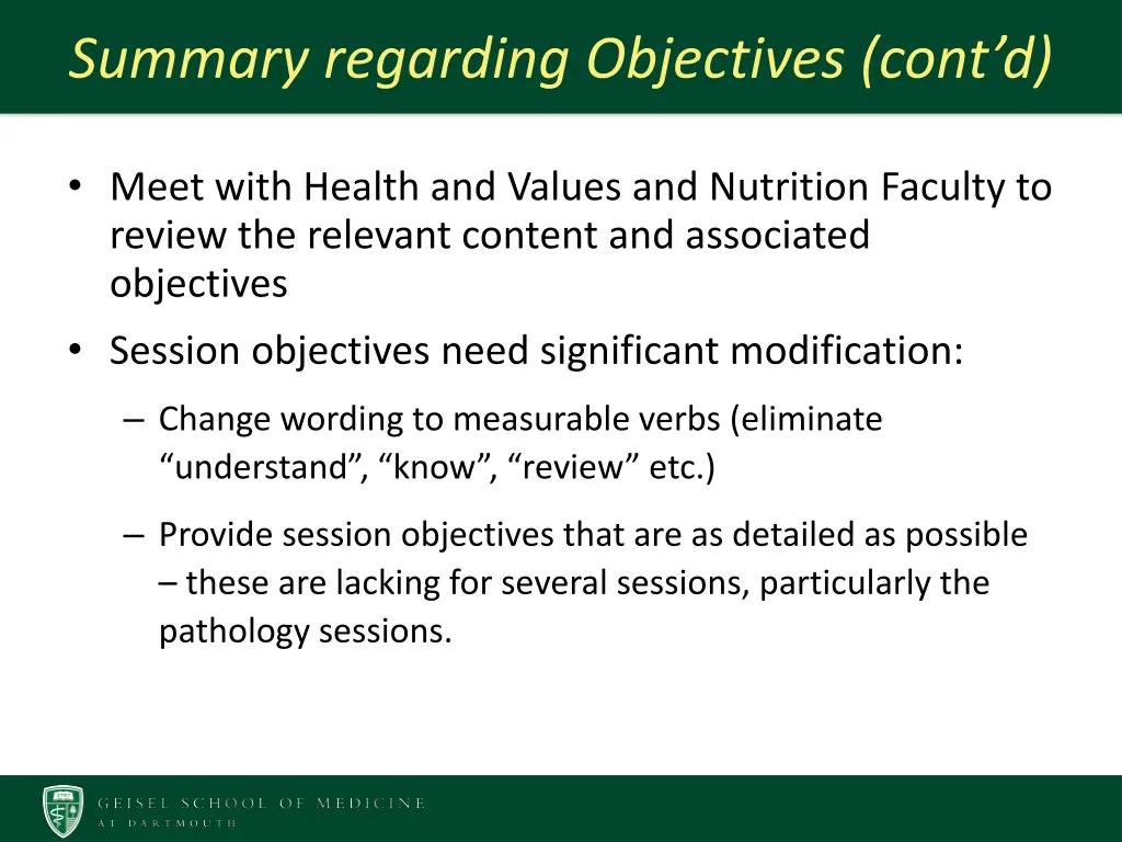 summary regarding objectives cont d