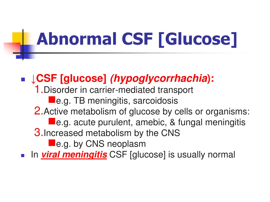 abnormal csf glucose