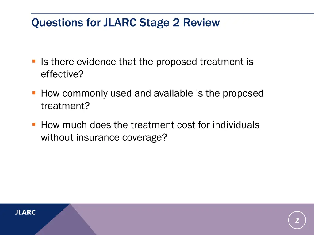 questions for jlarc stage 2 review