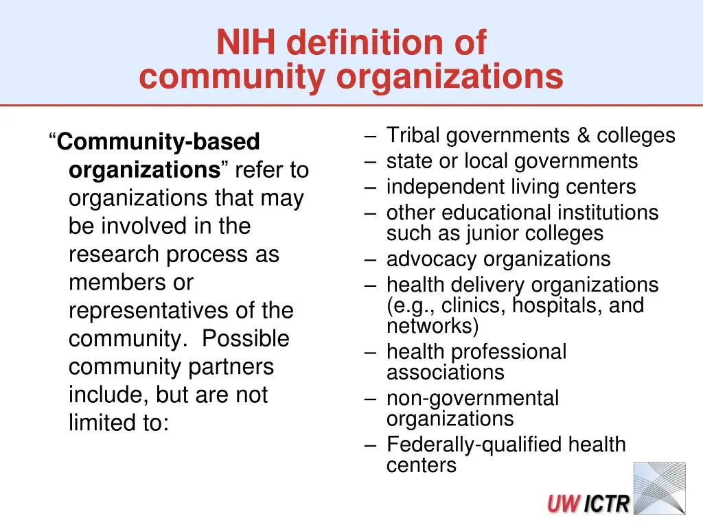nih definition of community organizations