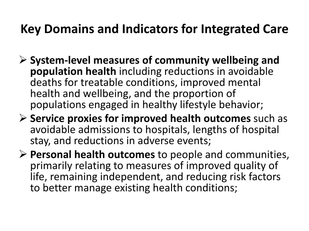 key domains and indicators for integrated care