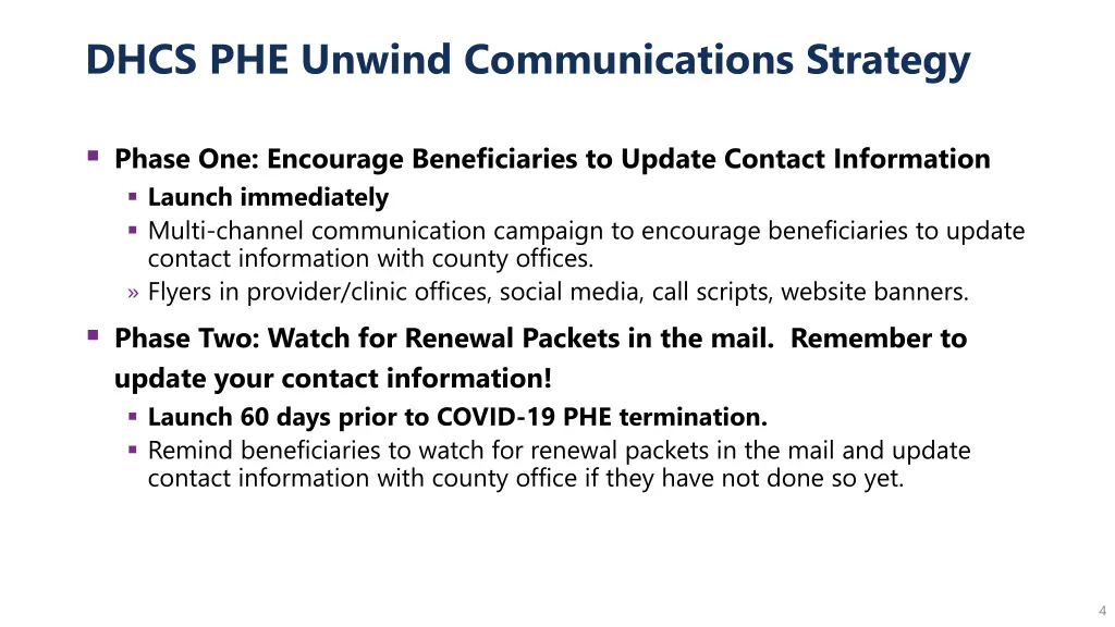 dhcs phe unwind communications strategy