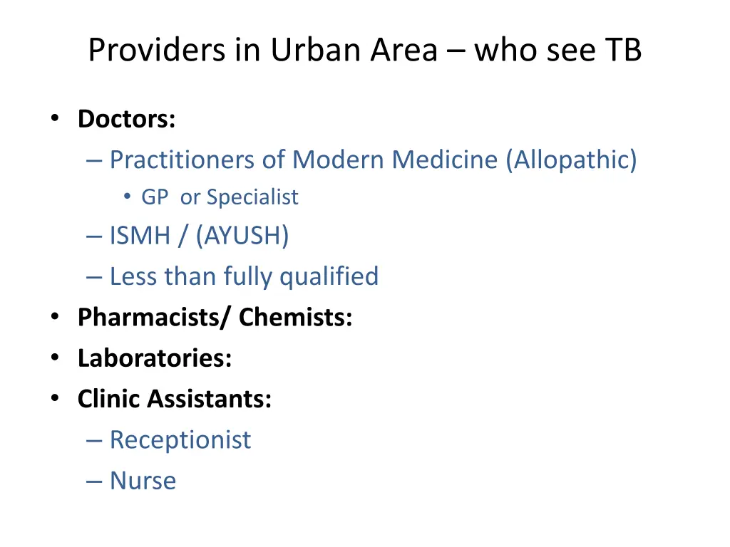 providers in urban area who see tb