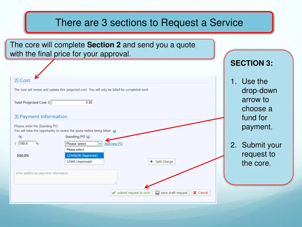 there are 3 sections to request a service