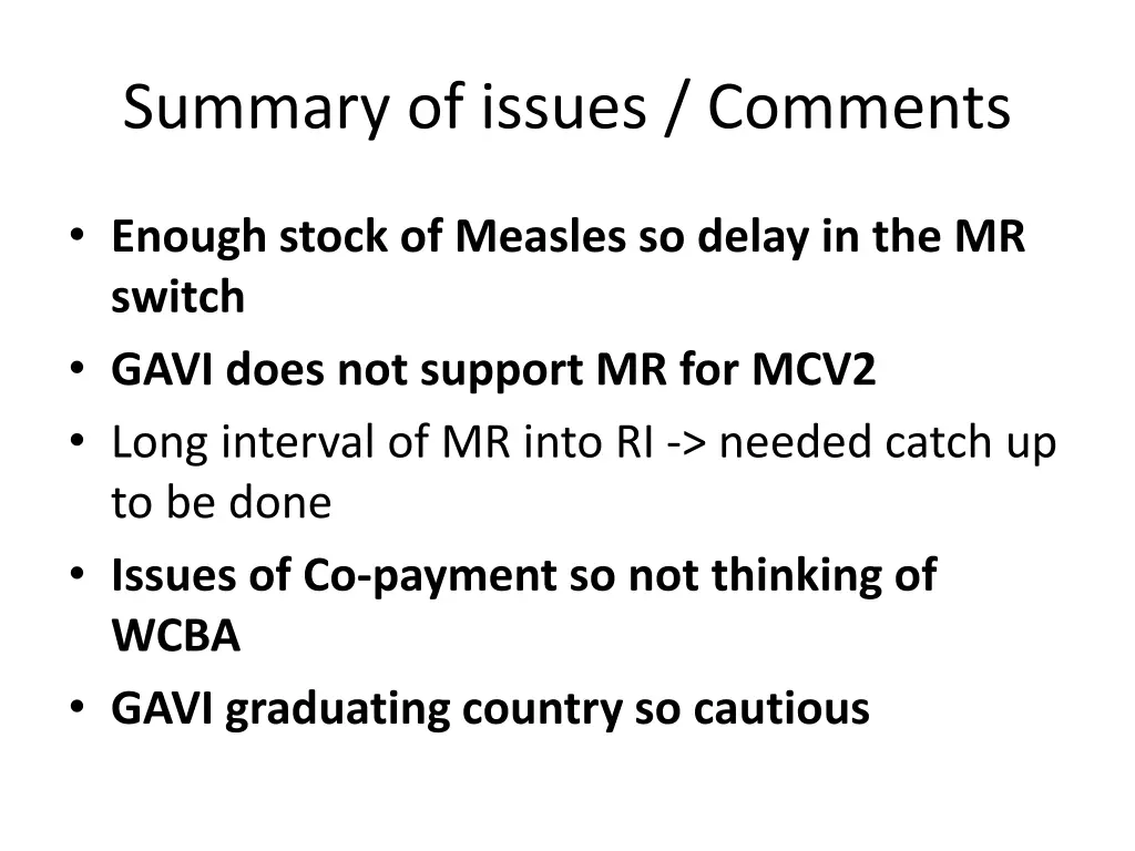summary of issues comments