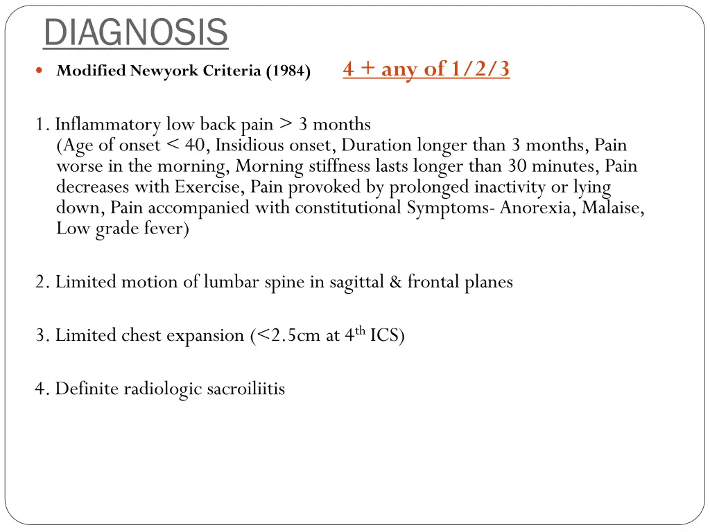 diagnosis modified newyork criteria 1984